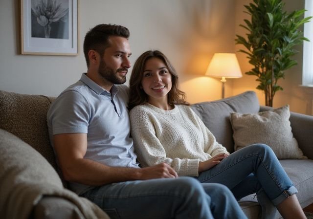 Een man en vrouw genieten van een ontspannen gesprek op een bank