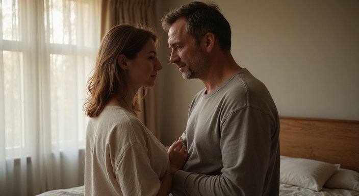 Een middel ouder koppel staat innig samen in een slaapkamer. Een middel ouder koppel staat innig samen in een slaapkamer.