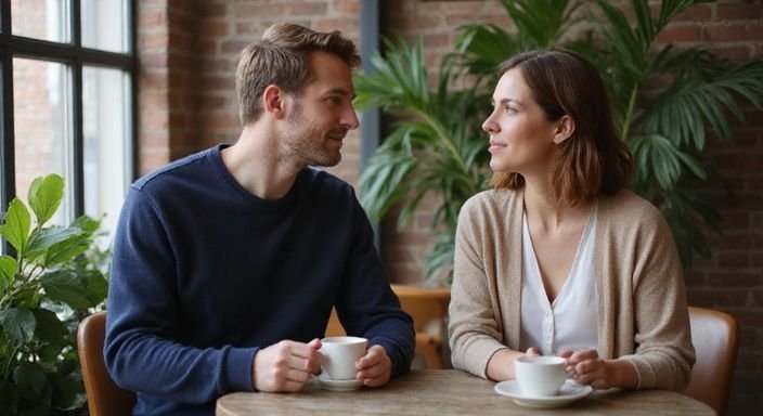 Een man en vrouw overleggen samen aan een tafel in een koffiehuis. Een man en vrouw overleggen samen aan een tafel in een koffiehuis.