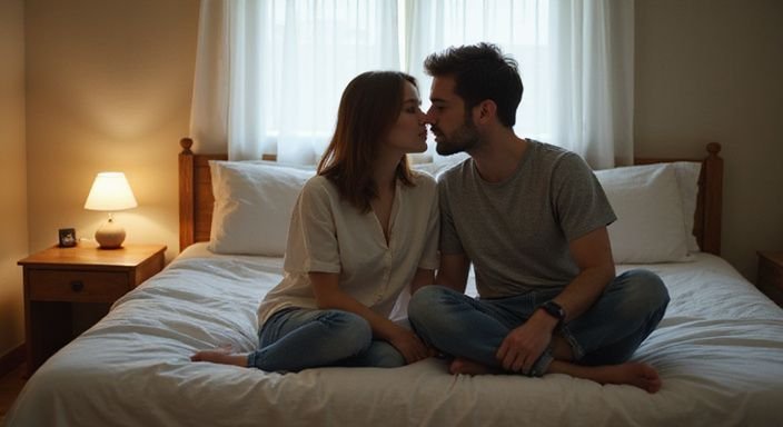 Een vrouw en een man delen een intiem moment op bed. Een vrouw en een man delen een intiem moment op bed met extreme sexcontacten.