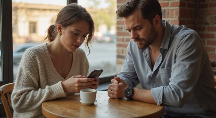 Een vrouw en man zitten gespannen aan een café tafel. Een vrouw en man zitten gespannen aan een café tafel