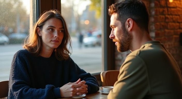Een vrouw en een man genieten van een gesprek in een café. Een vrouw en een man genieten van een gesprek in een café