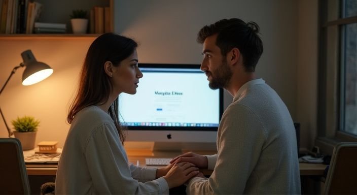 Een man en vrouw werken samen aan een computer in een huiselijke kantoor.