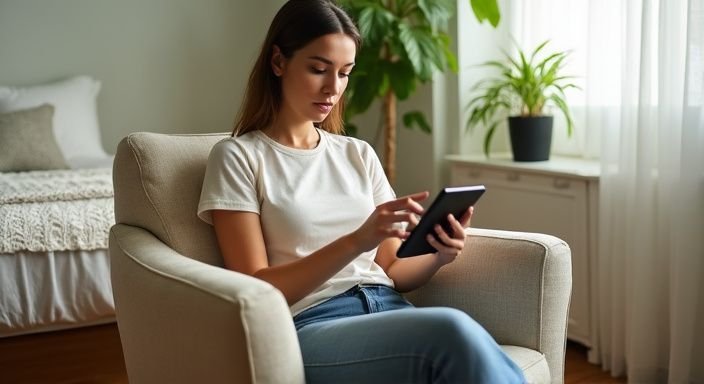 Een vrouw in een comfortabele stoel, scrollend op een tablet.