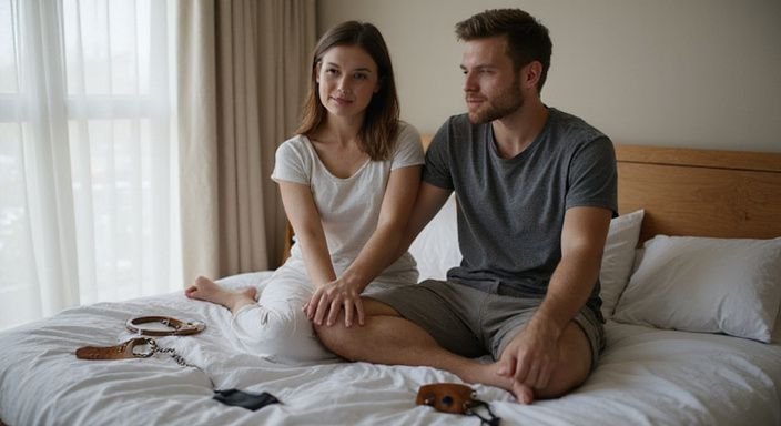 Een stel op een bed, omringd door handboeien en een blinddoek. Een stel op een bed, omringd door handboeien en een blinddoek geniet van sexcontact in Antwerpen.