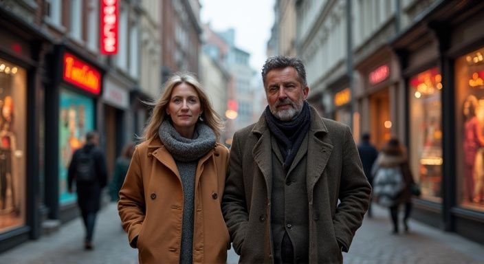 Een vrouw en man wandelen door de straten van Antwerpen. Een vrouw en man wandelen door de straten van Antwerpen.