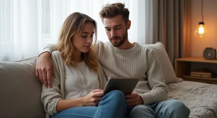 Een jong stel zit ontspannen op een bank in een slaapkamer. Een jong stel zit ontspannen op een bank in een slaapkamer.