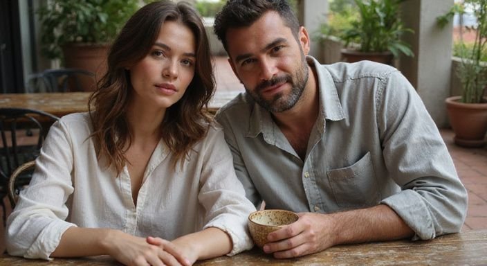 Een man en vrouw genieten van een intiem gesprek op een terras