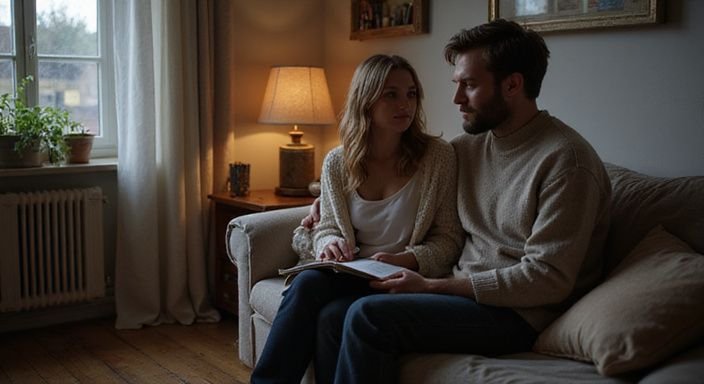 Twee mensen in een knusse woonkamer delen een intiem gesprek