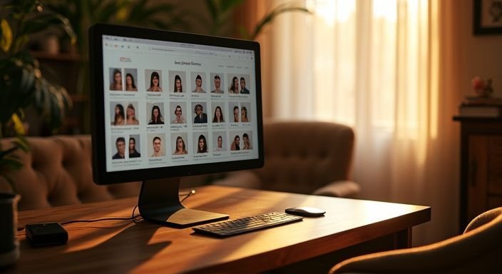 Een moderne computerinterface op een houten bureau in een gezellige kamer