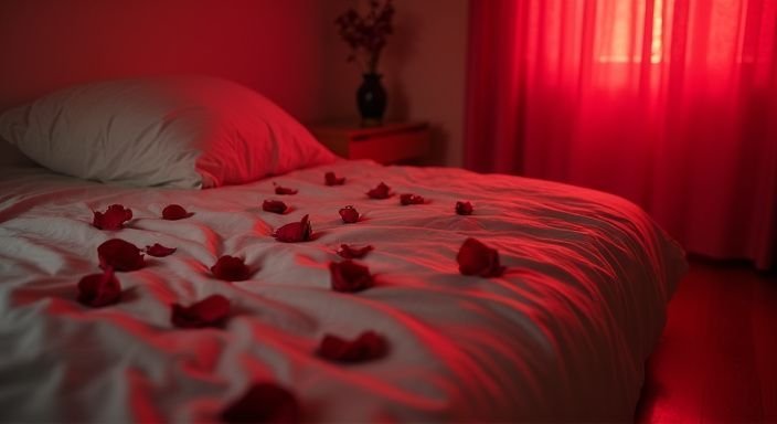 Een sfeervolle slaapkamer met een bed bedekt met rozenblaadjes