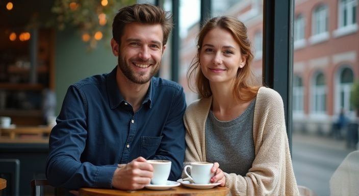 Een koppel geniet van koffie en conversatie aan een cafétafel