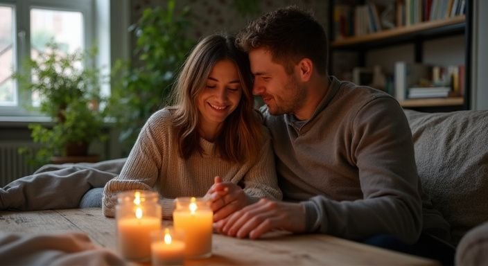 Een stel geniet van een intiem moment in hun gezellige appartement
