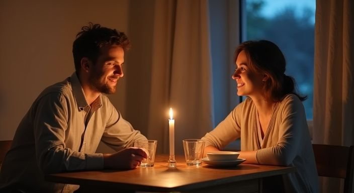 Een stel geniet van een intiem diner aan een houten tafel
