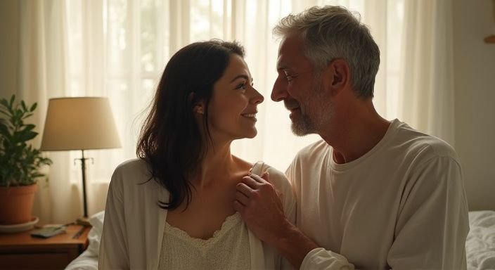 Een middel aged koppel deelt een intieme en oprechte blik