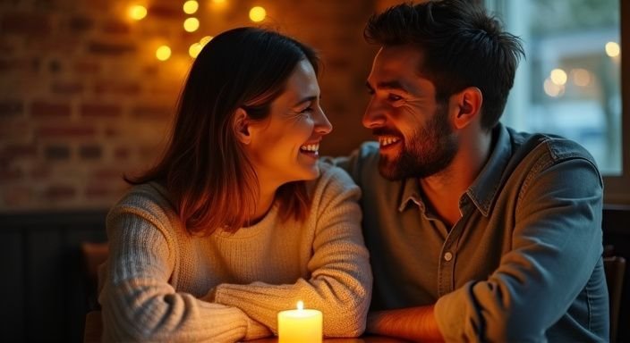 Een man en vrouw genieten van een vrolijk moment in een restaurant. Een man en vrouw genieten van een vrolijk moment in een restaurant