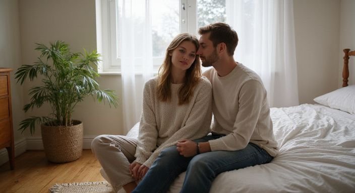 Een jong koppel zit intiem op de rand van een bed. Een jong koppel zit intiem op de rand van een bed