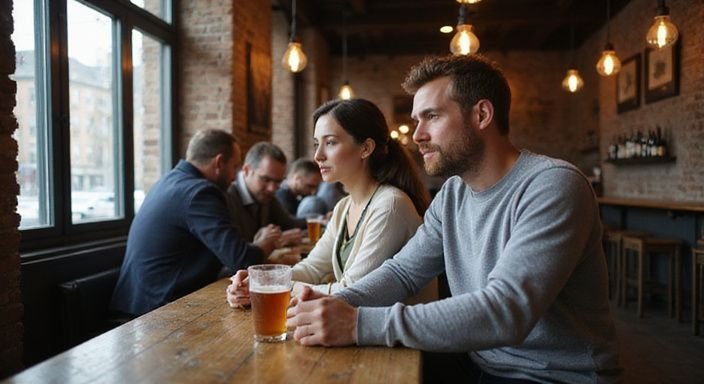 Een man en vrouw genieten van Belgische bieren in een gezellige pub. Een man en vrouw genieten van sexcontact in Oost-Vlaanderen en Belgische bieren in een gezellige pub.