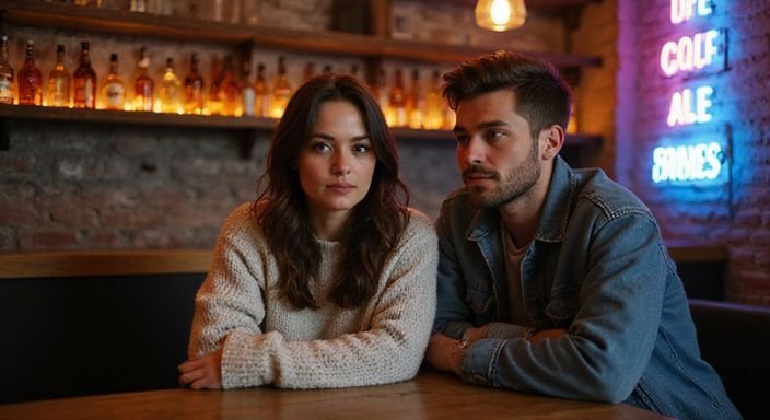 Een man en vrouw zitten aan een bar in een drukke taverne. Een man en vrouw zitten aan een bar in een drukke taverne.