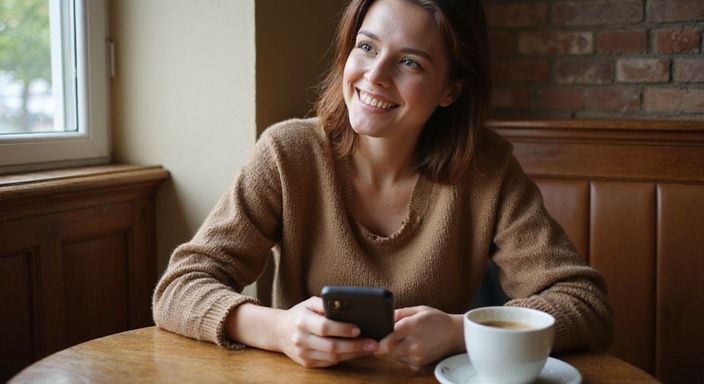 Een vrouw in een café, genietend van haar smartphone en koffie. Een vrouw in een café, genietend van haar smartphone en koffie.