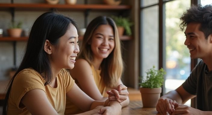 Groep jonge volwassenen geniet van een ontspannen moment in een café. Groep jonge volwassenen geniet van een ontspannen moment in een café.