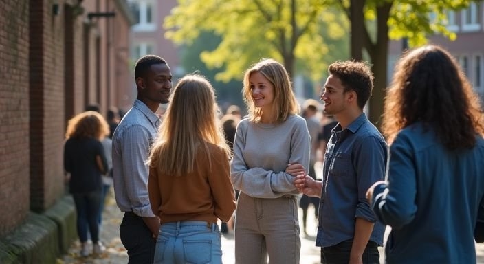 Een diverse groep mensen geniet van intieme sociale interacties buiten. Een diverse groep mensen geniet van een gesprek over sexcontact in Oost-Vlaanderen