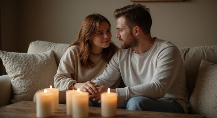 Een man en vrouw zitten samen op een bank, hand in hand. Een man en vrouw zitten samen op een bank en genieten van sexcontact in Oost-Vlaanderen.