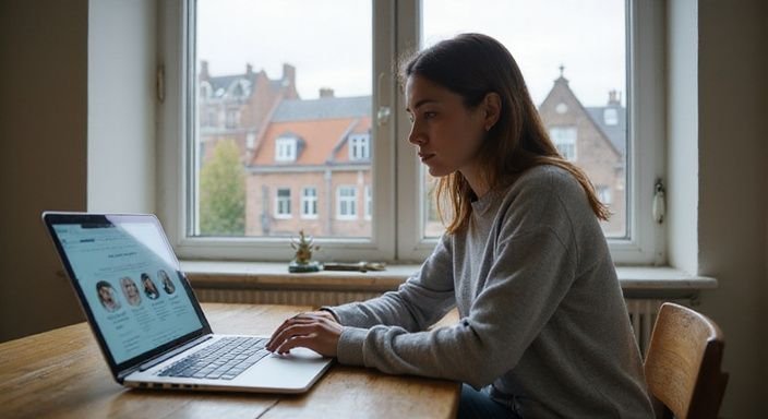 Een vrouw werkt nadenkend aan haar laptop aan tafel