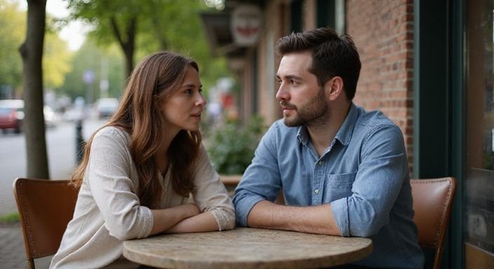 Een man en vrouw delen een intiem gesprek in een café