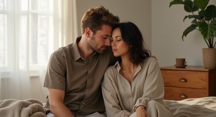 Een intieme scène van een stel op een bed in hun slaapkamer