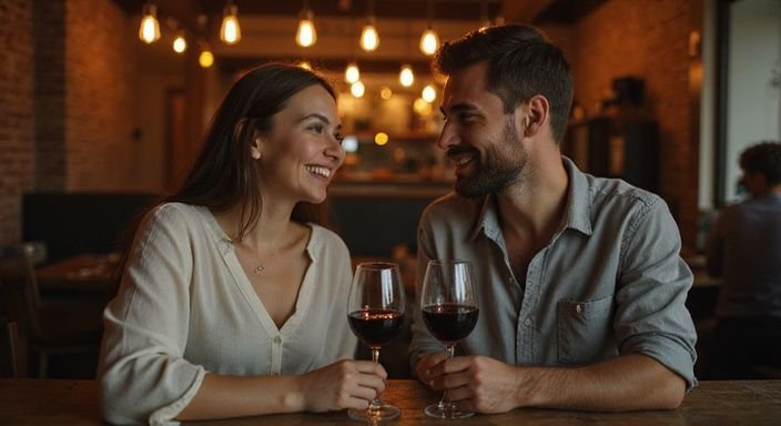 Een man en vrouw lachen samen aan een houten tafel in een restaurant. Een man en vrouw lachen samen aan een houten tafel in een restaurant.