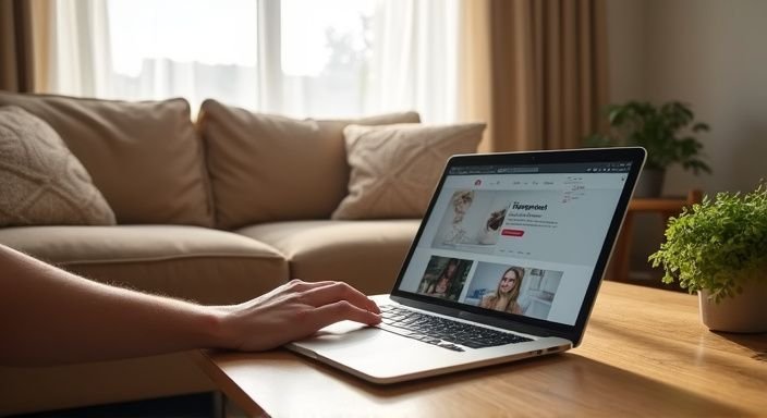 Een gezellige woonkamer met een laptop en een datingwebsite open. Een gezellige woonkamer met een laptop en een datingwebsite met sexcontact in Vlaams-Limburg