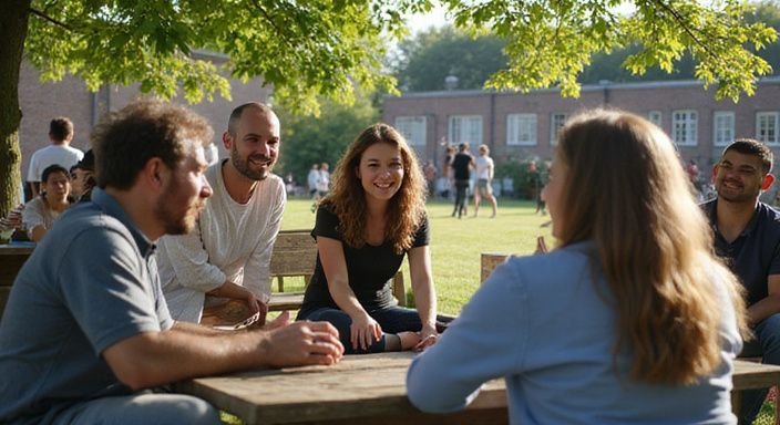 Een levendige gemeenschapsbijeenkomst met lachende mensen in gesprek. Een levendige gemeenschapsbijeenkomst met lachende mensen in gesprek.