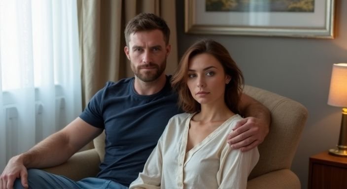 Een man en vrouw zitten samen op een beige fauteuil in een hotelkamer. Een man en vrouw zitten samen op een beige fauteuil in een hotelkamer.