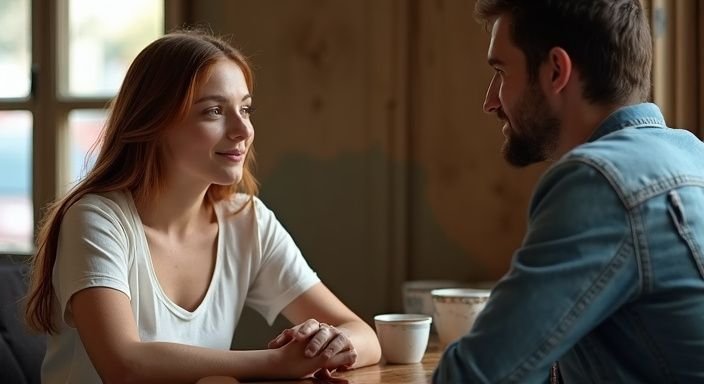 Een vrouw en man hebben een betekenisvol gesprek in een café. Een vrouw en man hebben een betekenisvol gesprek over Sexcontact in Vlaams-Limburg in een café.