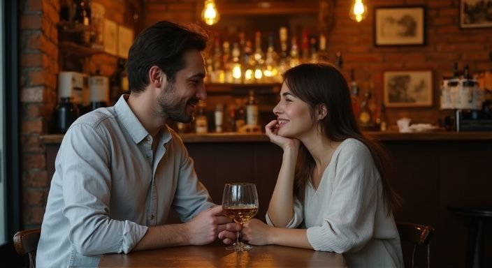 Een man en vrouw zitten intiem aan een klein houten tafel. Een man en vrouw zitten intiem aan een klein houten tafel.