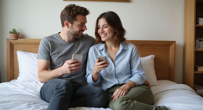 Twee volwassenen zitten ontspannen op een bed met smartphones. Twee volwassenen zitten ontspannen op een bed en genieten van sexcontact in Vlaanderen.