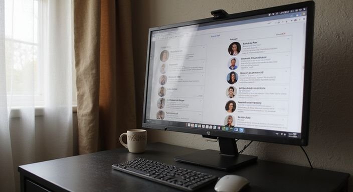 Een kantoorruimte met een computer en online ontmoetingsplatform. Een kantoorruimte met een computer en online ontmoetingsplatform voor sexcontact in Vlaanderen.