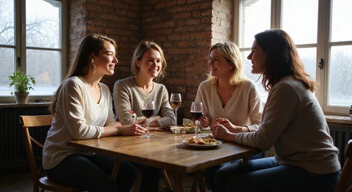 Een groep alleenstaande vrouwen geniet van tapas in een gezellig café.