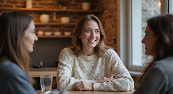 Een vrouw in een trui glimlacht warm aan een houten tafel.