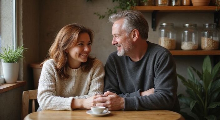 Een man en vrouw genieten samen van een intiem cafémoment.