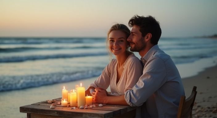 Een stel geniet van elkaar aan een houten tafel op het strand