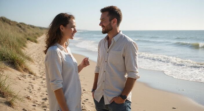 Een man en vrouw praten vrolijk op een strand in Zeeland