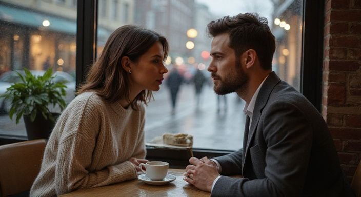 Een man en vrouw delen een intieme conversatie in een café. Een man en vrouw delen een intieme conversatie in een café