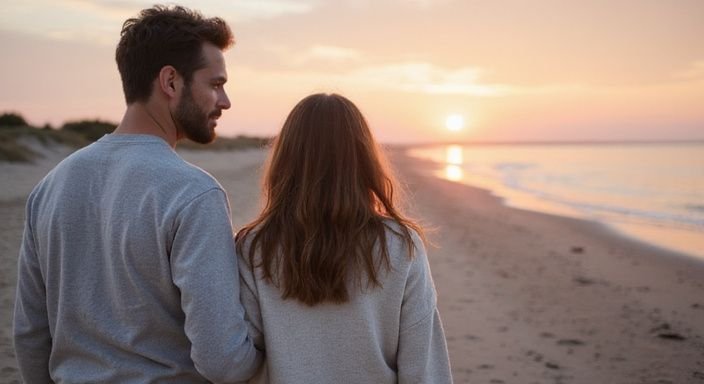 Een stel wandelt naast de zee op een zandstrand. Een stel wandelt naast de zee op een zandstrand