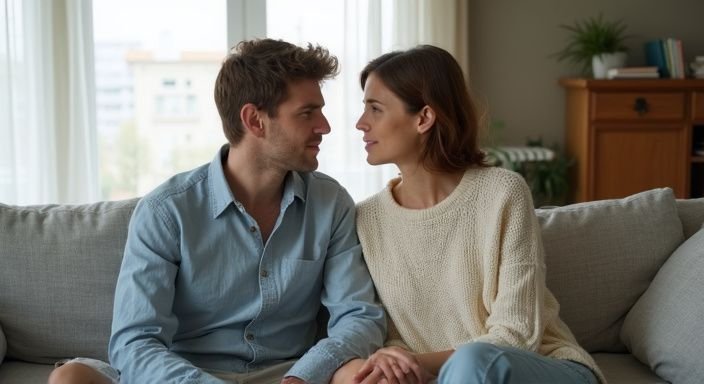 Een man en vrouw zitten samen op de bank en bespreken intimiteit. Een man en vrouw zitten samen op de bank en bespreken intimiteit