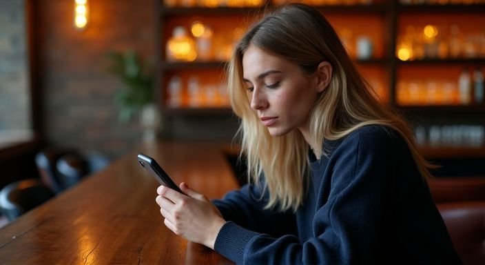 Een jonge vrouw in een bar, bezig met haar smartphone. Een jonge vrouw in een bar, bezig met haar smartphone