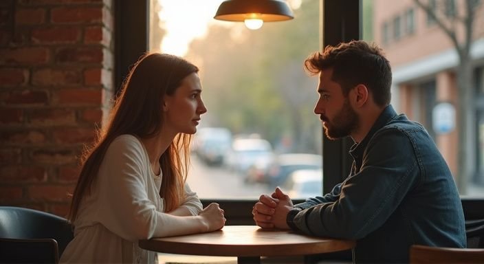 Een jong stel heeft een intense, persoonlijke conversatie in een café. Een jong stel heeft een intense, persoonlijke conversatie in een café