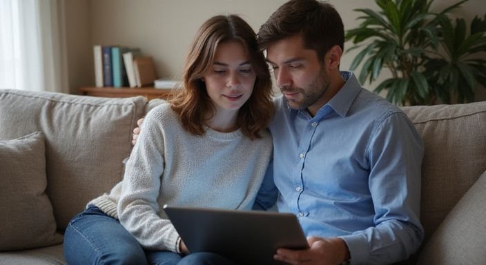 Een vrouw en man zitten samen op een bank met een laptop. Een vrouw en man zitten samen op een bank met een laptop
