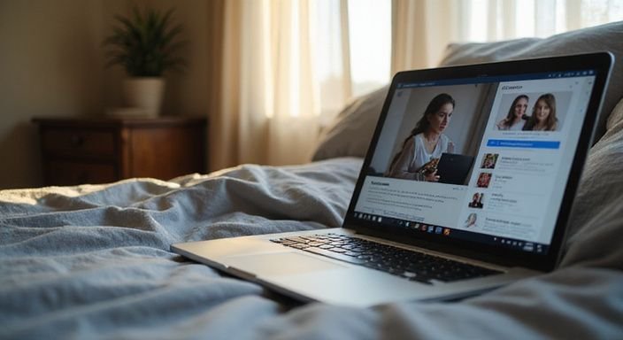 Een slaapkamer met een laptop en een datingwebsite op het scherm. Een slaapkamer met een laptop en een datingwebsite op het scherm